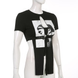 Abstract Printing Round Neck Short Sleeve Irregular Slit Pullover Fashion Style Street T-Shirt Women