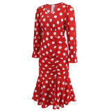 Sexy Polka Dot V-Neck Long Sleeve Dress Pleated Mermaid Dress Slim Chic Mid Length Dress Plus Size