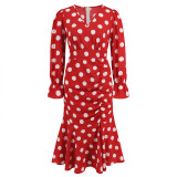 Sexy Polka Dot V-Neck Long Sleeve Dress Pleated Mermaid Dress Slim Chic Mid Length Dress Plus Size