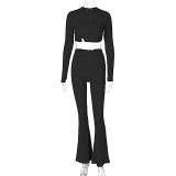 Fall Sporty Basics Ribbed Long Sleeve Top Slim Fit Bell Bottom Pants Two Piece Set