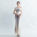 Elegant Formal Party sequins feather straps evening dress