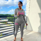 Spring and Autumn Casual Sports Print Hooded Sexy Ladies Two-Piece pants Set