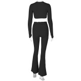 Fall Sporty Basics Ribbed Long Sleeve Top Slim Fit Bell Bottom Pants Two Piece Set
