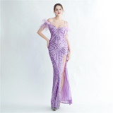 Positioning sequin feather straps off shoulder formal party evening dress