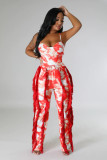 Women's Two-piece Pants V-Neck One-Piece bodysuit Top Sexy Tie-Dye Tassel Trousers Set