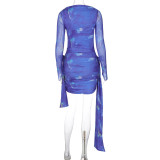 Women's Fall Long Sleeve Streamer Fashion Tie Dye Print Ruched Bodycon Dress for Women