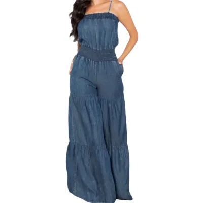 Casual Straps Wide Leg Denim Jumpsuit