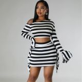 Autumn/Winter Suit Women's Striped Slash Shoulder Bell Bottom Sleeve Top Ruffle Fringe Skirt Two-Piece Set