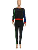 Women Casual Sport Colorblock Top and Pant Two-Piece Set