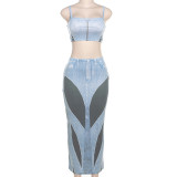 Women Summer Style Denim Printed Suspenders Tank Top and Skirt Two-Piece Set