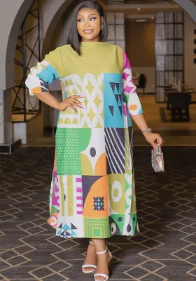 Women Casual 3/4 Sleeve Printed Color Block Maxi Dress