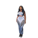 Women Summer Style Denim Printed Suspenders Tank Top and Skirt Two-Piece Set