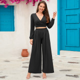 Plus Size Women V-neck Long Sleeve Top+ Straight Trousers Two-Piece Set