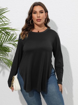 Plus Size Women Long Sleeve Solid Casual Cropped T-Shirt