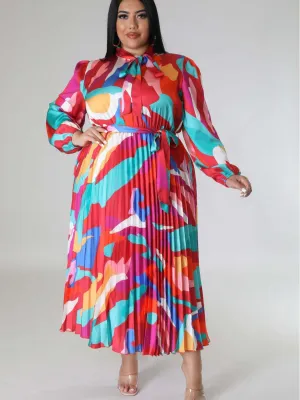 Plus Size Fall Women's Pleated Long Sleeve Dress