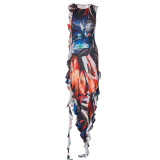 Women's Abstract Print Round Neck Sleeveless Ruffle Maxi Dress