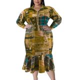 Plus Size Fall Women's Collared Open Long Sleeve Dress