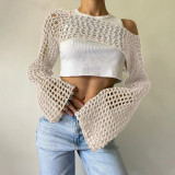 Women's Cute Crochet Crop Top Y2k Knitting Long Sleeve See-Through Shawl Beach Cover Up