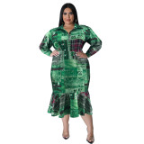 Plus Size Fall Women's Collared Open Long Sleeve Dress