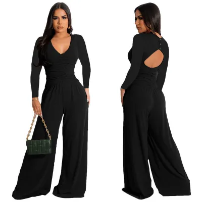 Autumn Women's Sexy Hollow Low Back High Waist Wide Leg Corset Jumpsuit