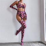 Sexy Leopard Print Sexy Bra Lingerie Gloves Leg Socks Set Female