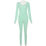 Summer Women's Long Sleeve Solid Color Slim High Waist Sports Jumpsuit