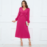 Women's Long Sleeve V Neck Slim Pleated Dress Solid Color Lantern Sleeve Long Dress