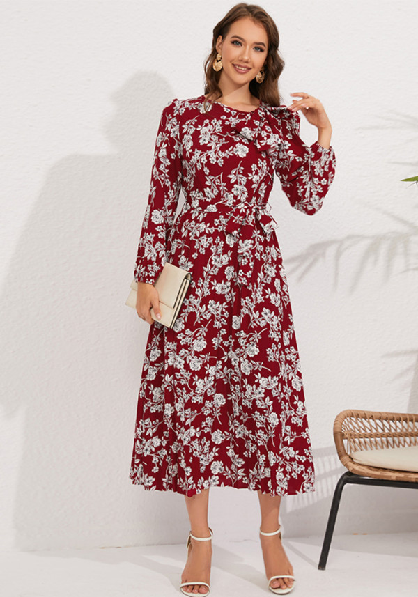 Autumn Women's Maxi Pleated Long Sleeve Floral Dress Vintage Bowknot Dress