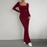 Women's Sexy Autumn Slim Square Neck Long Sleeve Knitting Dress