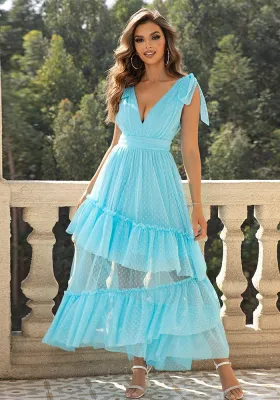 Stylish Sexy Traps V-Neck Ruffle Hem Mesh Dress