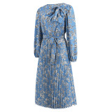 Autumn Women's Maxi Pleated Long Sleeve Floral Dress Vintage Bowknot Dress