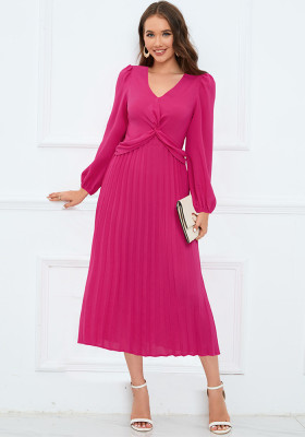 Women's Long Sleeve V Neck Slim Pleated Dress Solid Color Lantern Sleeve Long Dress