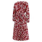 Autumn Women's Maxi Pleated Long Sleeve Floral Dress Vintage Bowknot Dress