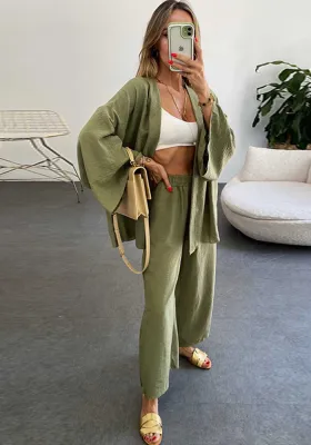 Linen Suit Cardigan Long-Sleeved Top Wide-Leg Trousers Two-Piece Set