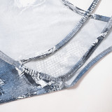Summer Denim Pattern Print Slim Fit Low Back Tight Fitting Casual Pants