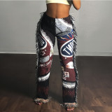 Fall Casual Fashion Women's Multi-Color Pattern Fringed Pants