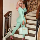 Summer Women's Long Sleeve Solid Color Slim High Waist Sports Jumpsuit