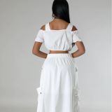 Summer Shoulder Cutout Women's Fashion Casual Cropped Top Chic Maxi Skirt Two-Piece Set