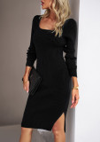 Autumn Winter Chic Elegant Square Neck Knitted Bodycon Dress