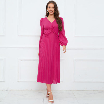Women's Long Sleeve V Neck Slim Pleated Dress Solid Color Lantern Sleeve Long Dress