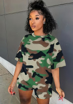 Women's Camouflage Print Short Sleeve Two Piece Shorts Set