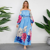 Plus Size Women's Vintage Long Sleeve Low Back Top + A-Line Printed Long Sleeve Skirt Two-Piece Suit