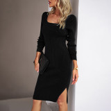 Autumn Winter Chic Elegant Square Neck Knitted Bodycon Dress