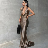 Women's Fall Fashion Chic Sexy Low Back Halter Neck Evening Dress