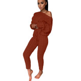 Women Round Neck Long Sleeve Sweater and Pants Two-Piece Set