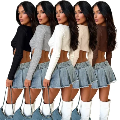 Women Sexy Solid Ribbed Long Sleeve Crop Top