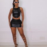Women Sexy Casual Pu Leather Tank Top and Bodycon Skirt Two-Piece Set