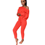 Women Round Neck Long Sleeve Sweater and Pants Two-Piece Set