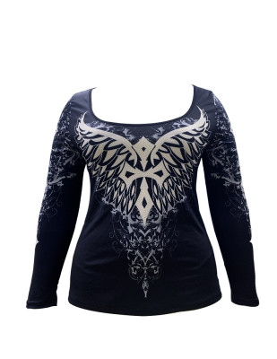 Women Chic Wings Print Long Sleeve Square Neck Top