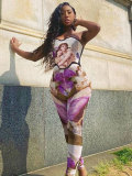Women Portrait Print Strapless Cutout Backless Lace-Up Jumpsuit